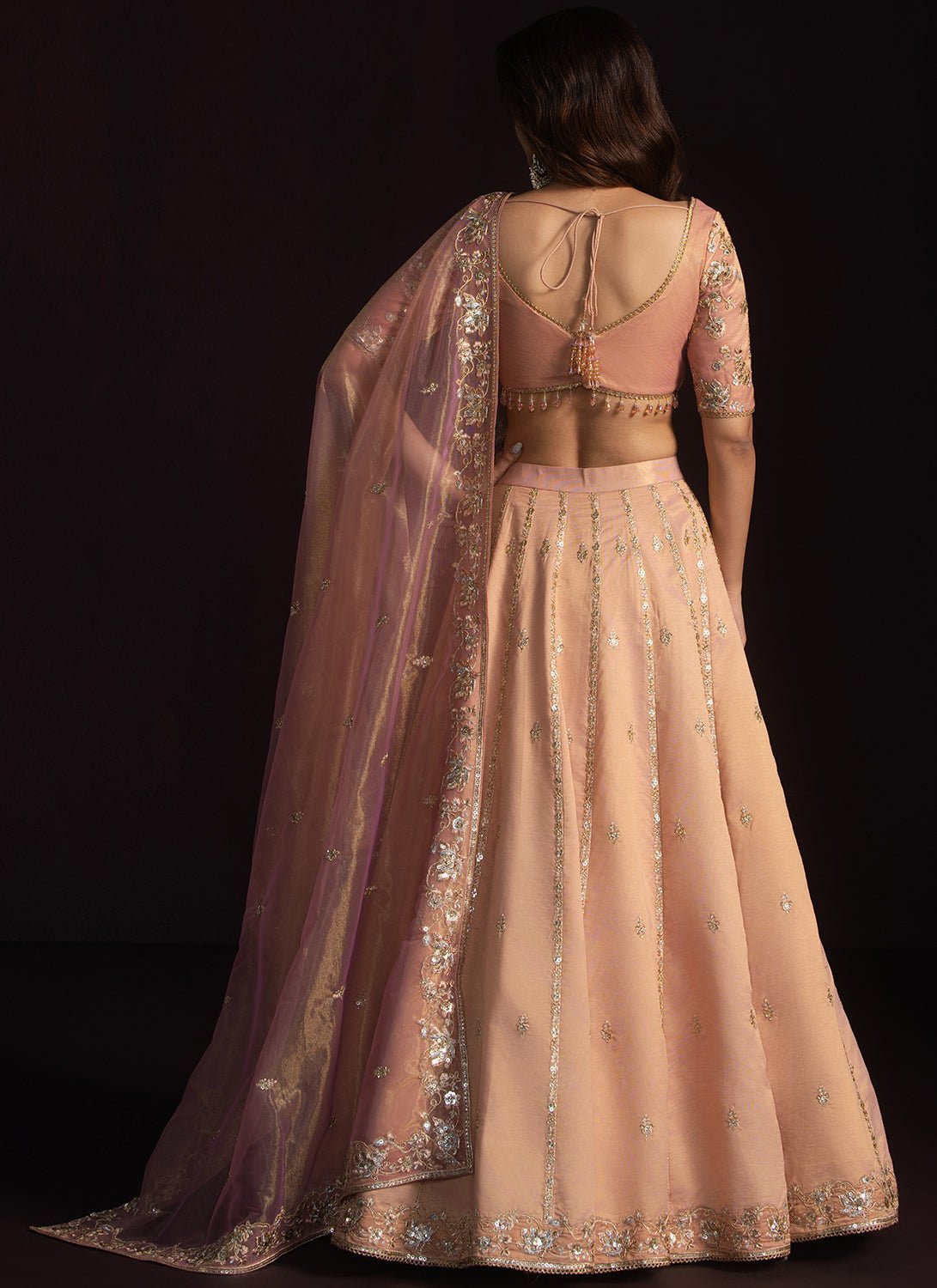 Dusty Peach Embroidered Net Lehenga - Lashkaraa