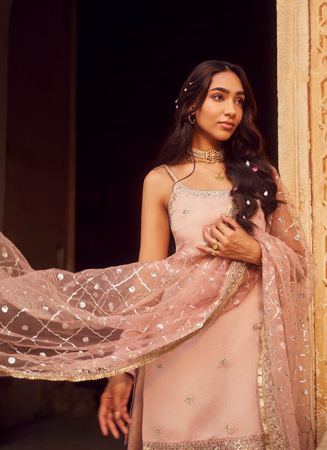Dusty Peach Embroidered Silk Sharara Suit - Lashkaraa