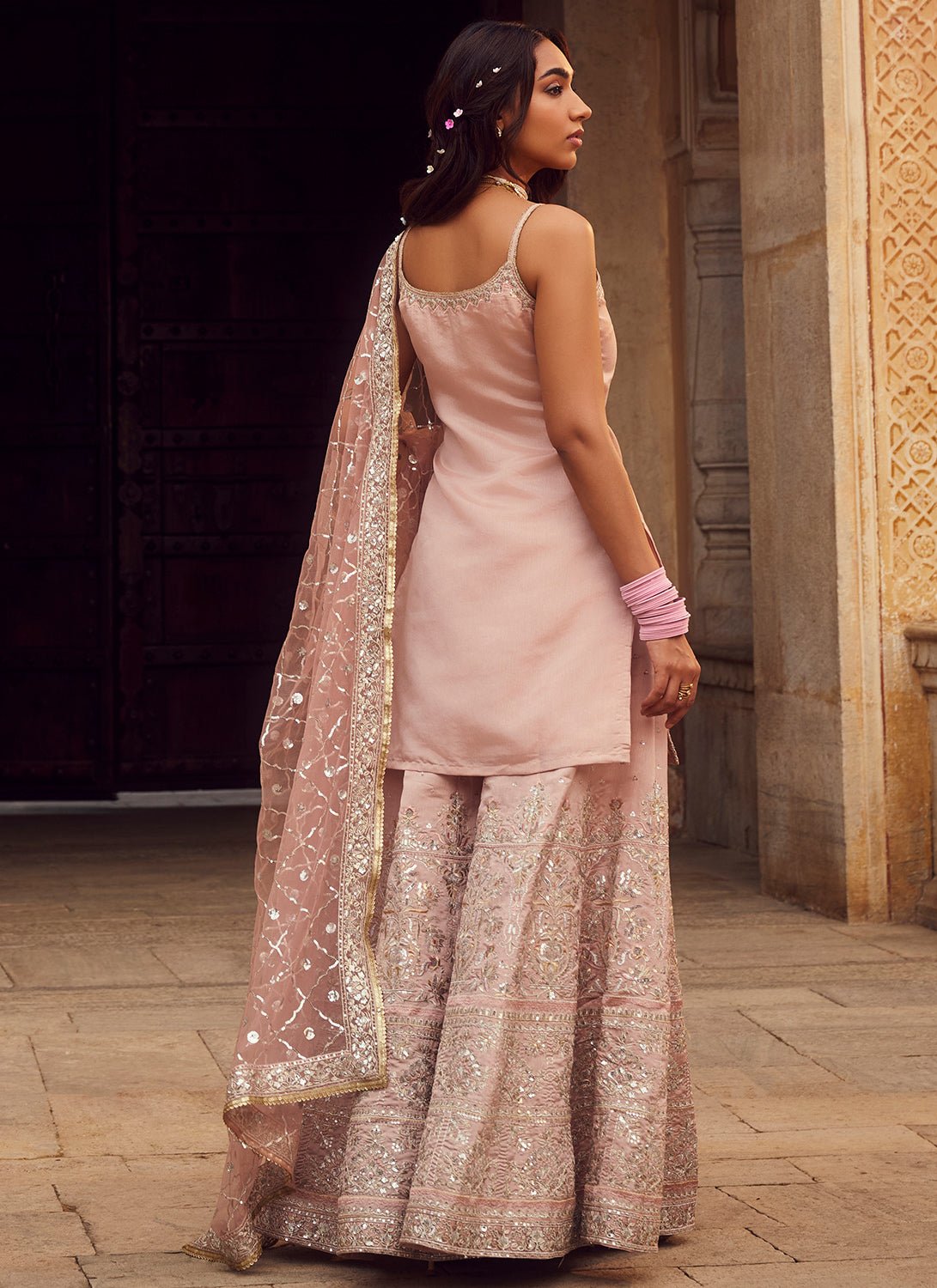 Dusty Peach Embroidered Silk Sharara Suit - Lashkaraa