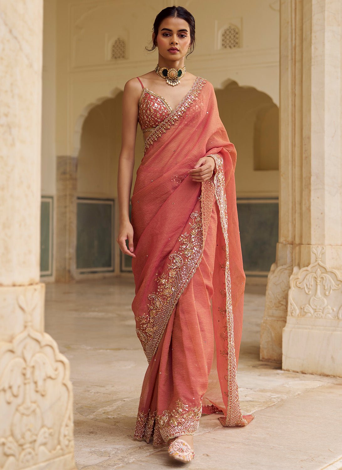 Dusty Peach Embroidered Tissue Saree - Lashkaraa