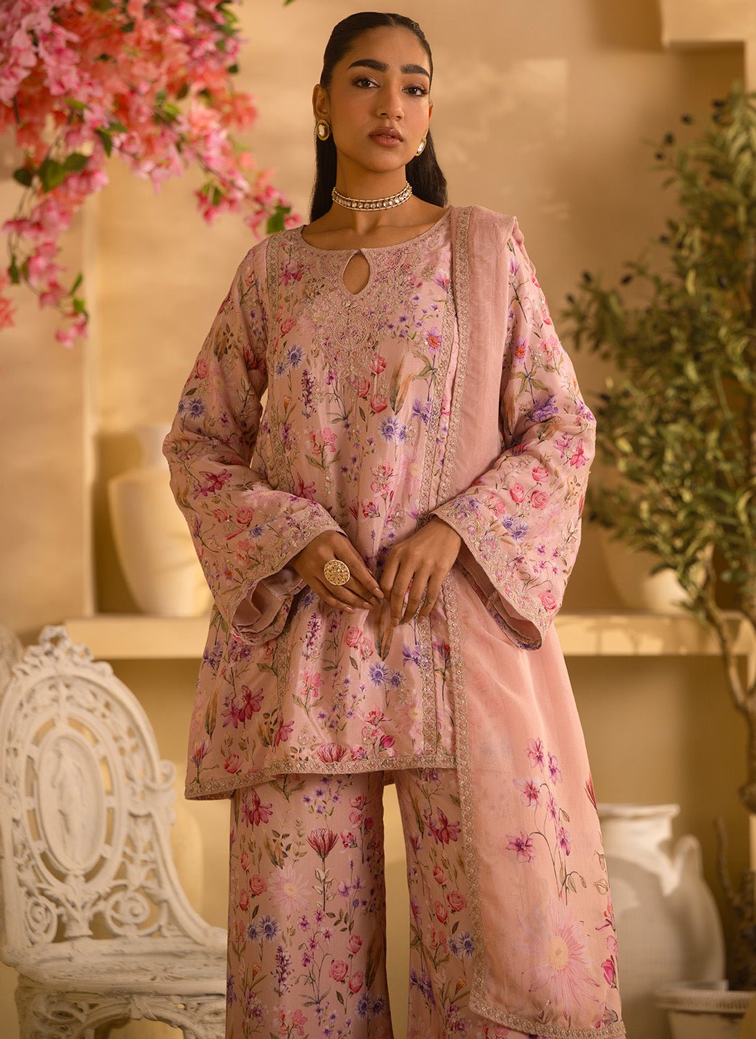 Dusty Peach Floral Embroidered Palazzo Suit - Lashkaraa