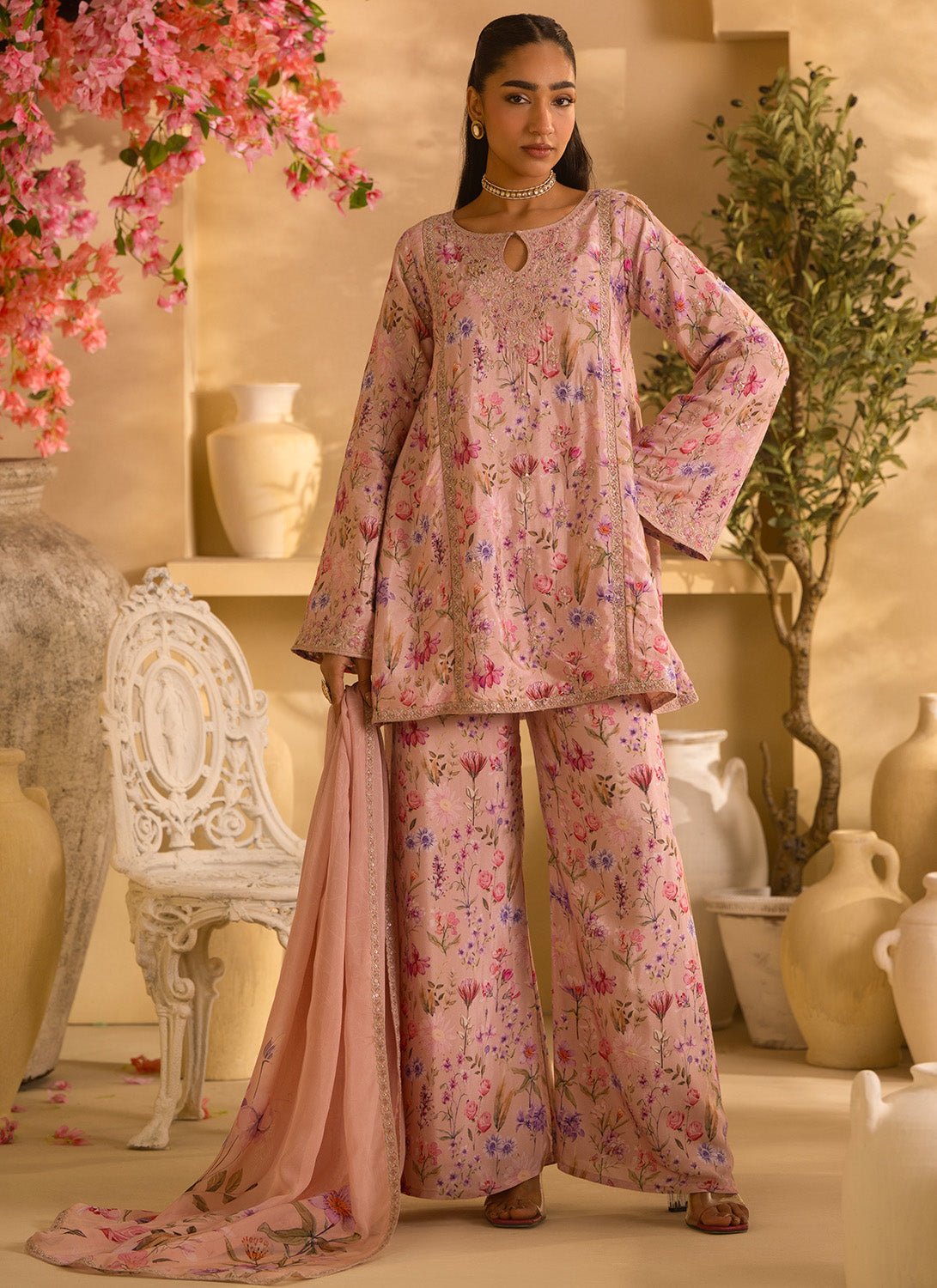 Dusty Peach Floral Embroidered Palazzo Suit - Lashkaraa