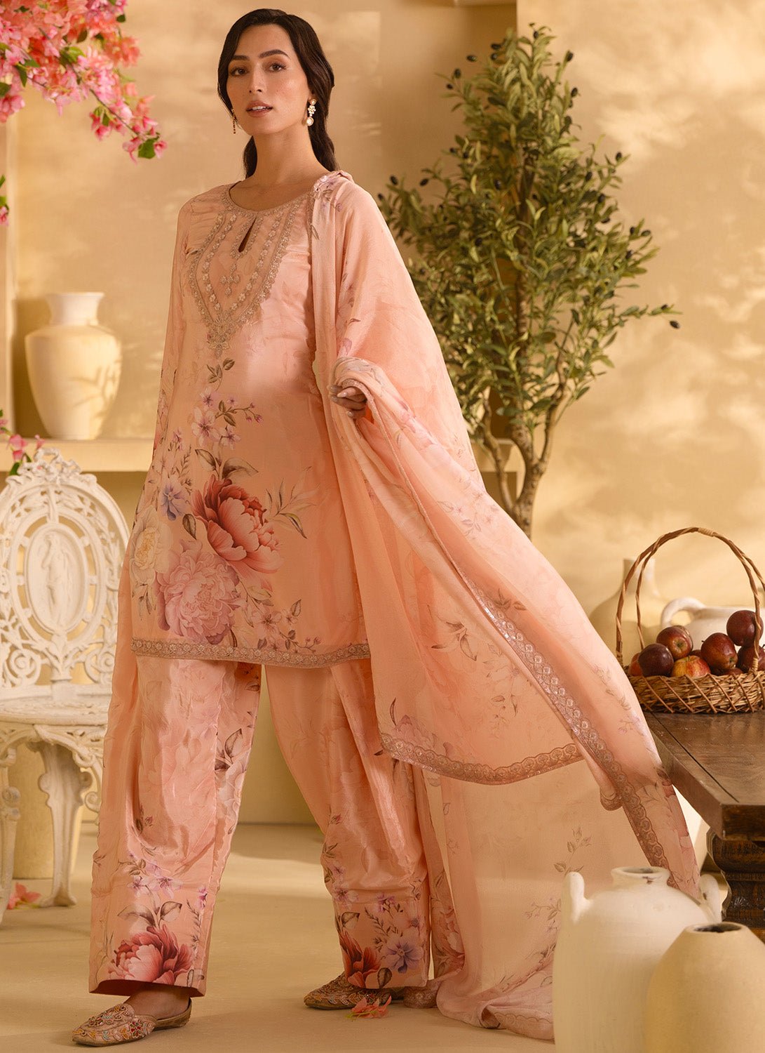 Dusty Peach Floral Embroidered Satin Georgette Farshi Salwar Suit - Lashkaraa