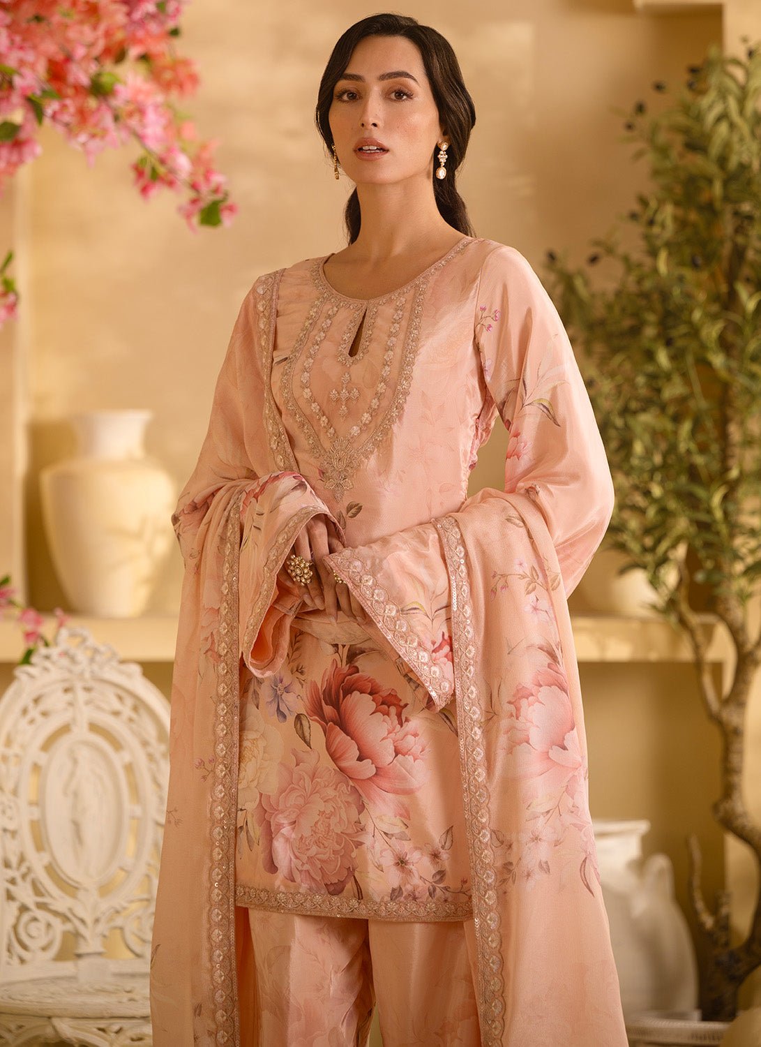 Dusty Peach Floral Embroidered Satin Georgette Farshi Salwar Suit - Lashkaraa