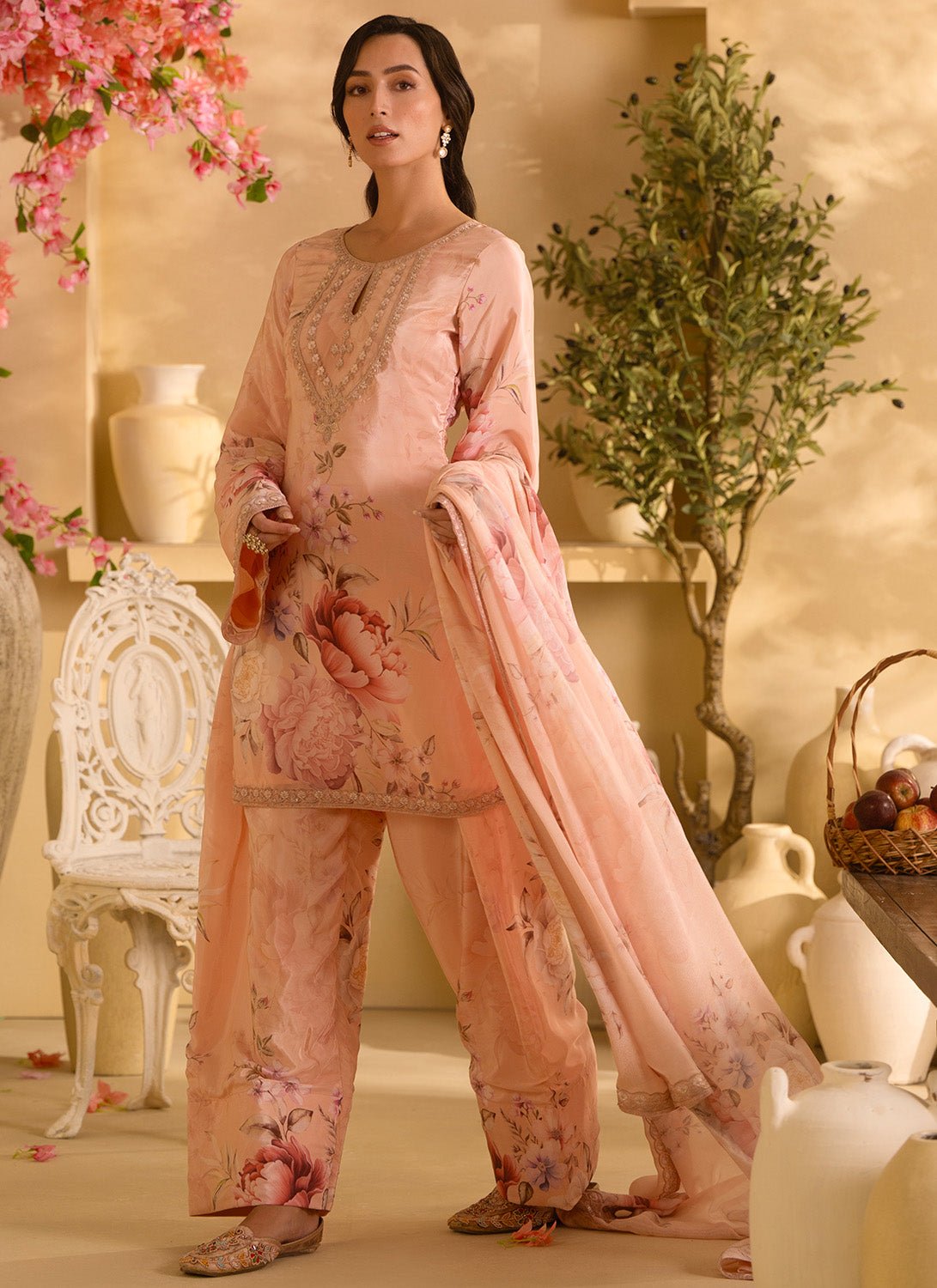 Dusty Peach Floral Embroidered Satin Georgette Farshi Salwar Suit - Lashkaraa