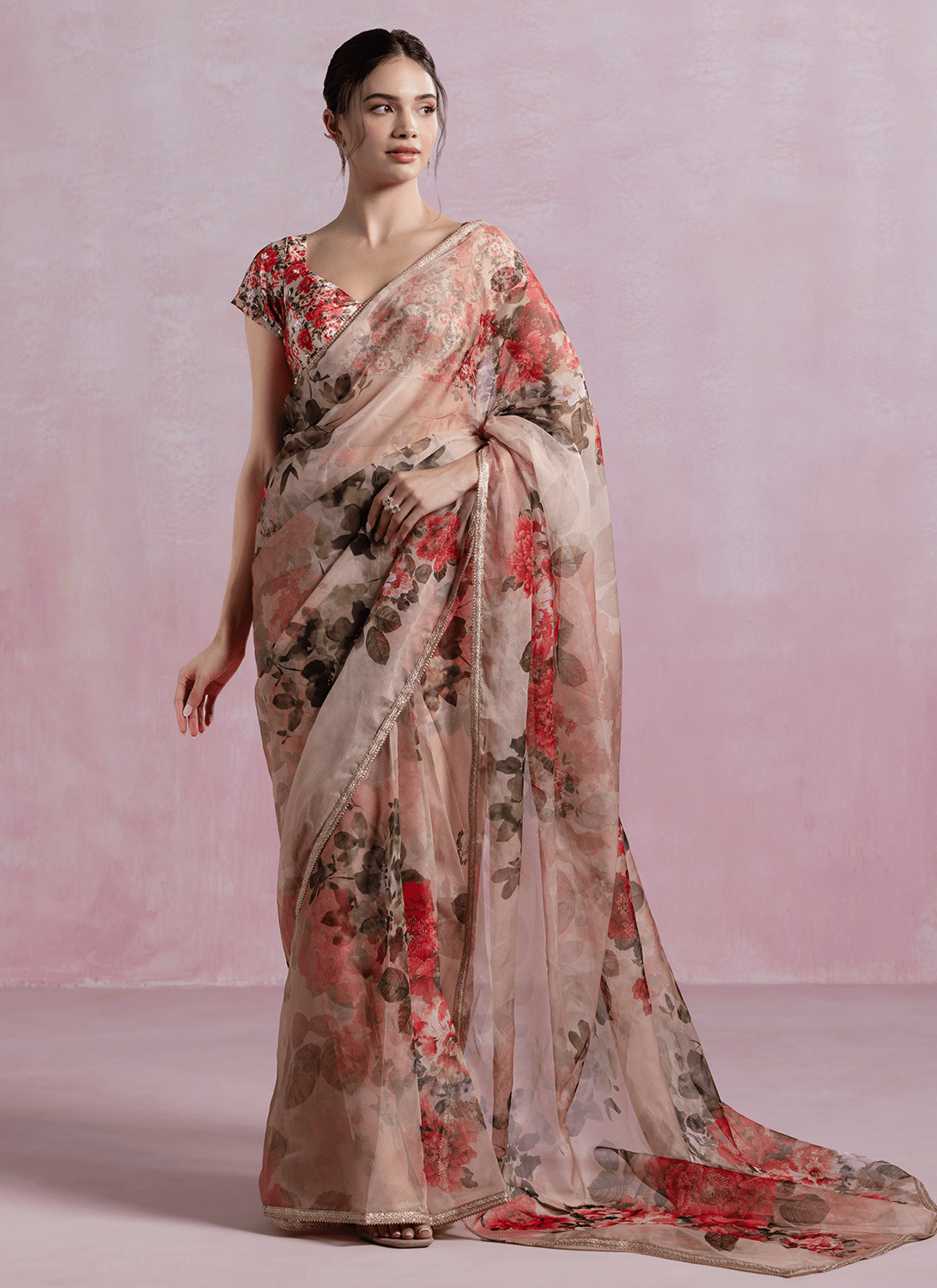 Dusty Peach Floral Printed Organza Saree - Lashkaraa