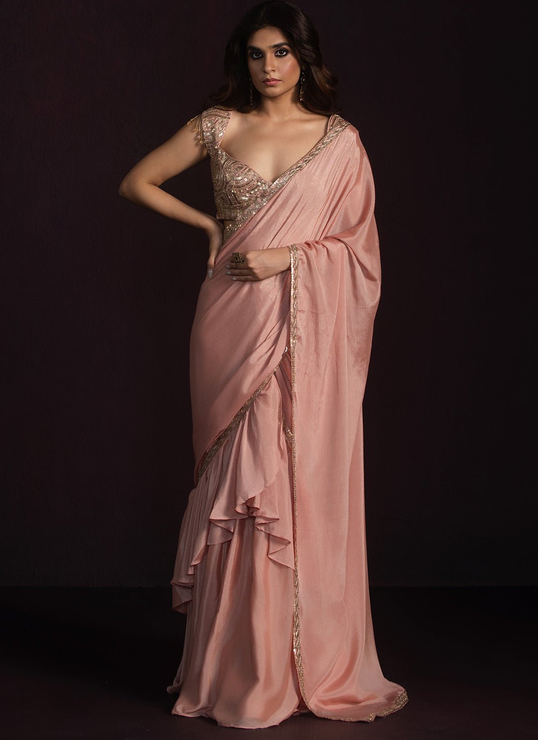 Dusty Peach Ruffled Chiffon Saree - Lashkaraa