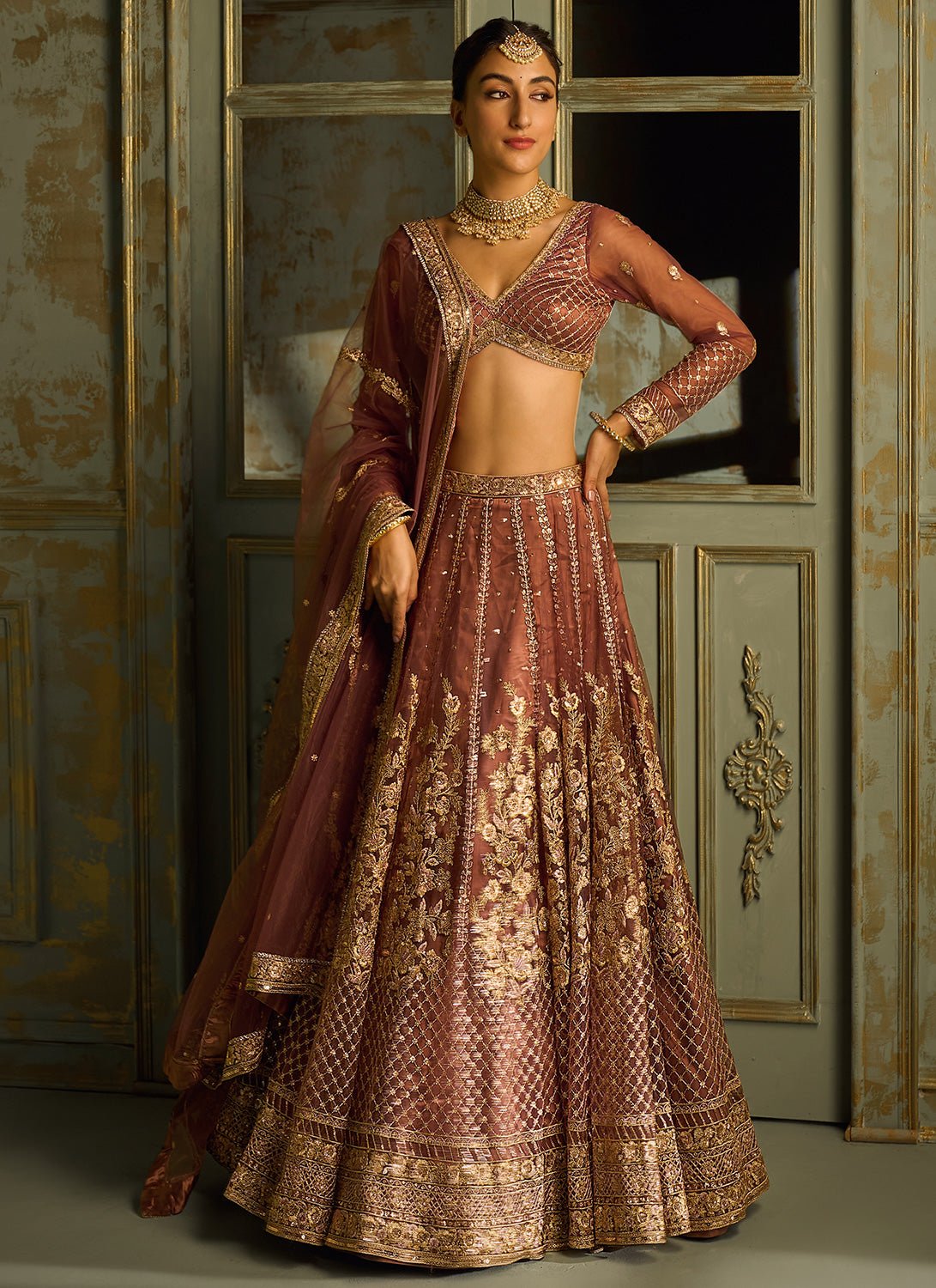 Dusty Pink and Gold Embroidered Lehenga - Lashkaraa