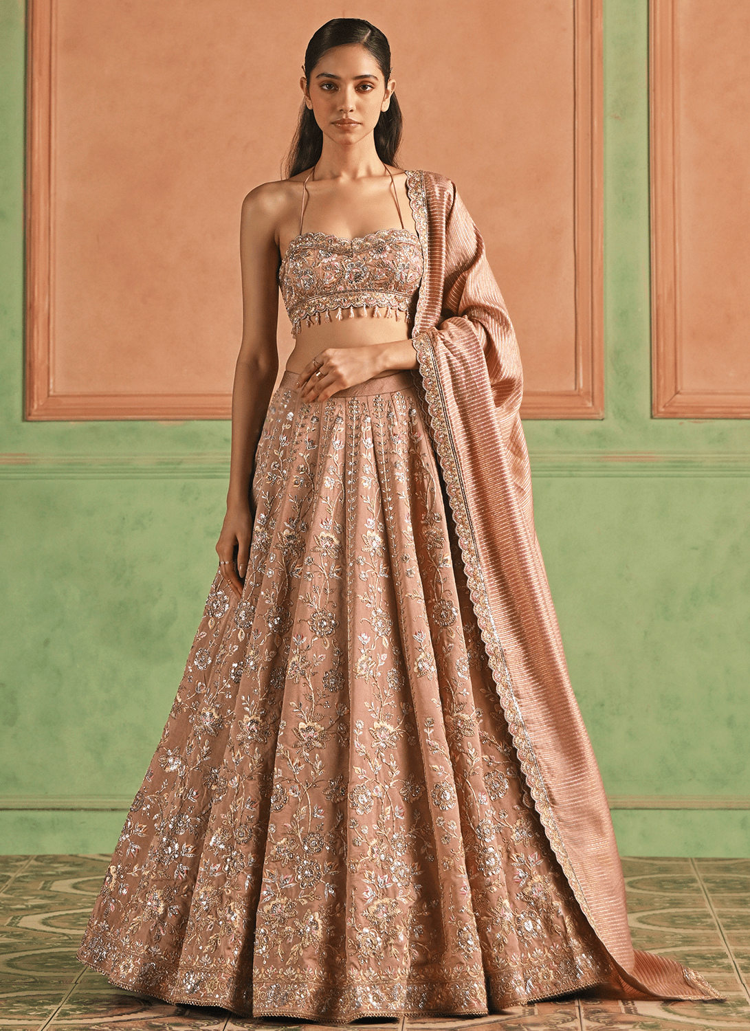 Dusty Pink Embroidered Silk Lehenga - Lashkaraa
