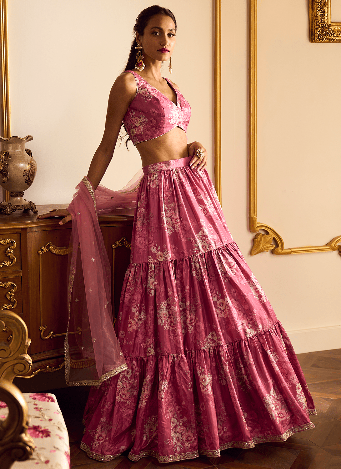 Dusty Pink Floral Lehenga - Lashkaraa