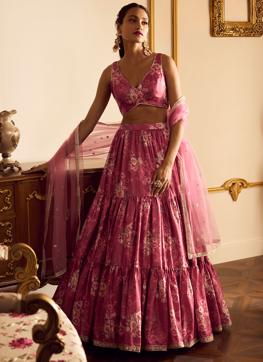 Dusty Pink Floral Lehenga - Lashkaraa