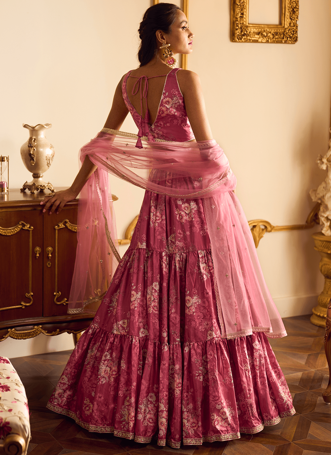 Dusty Pink Floral Lehenga - Lashkaraa