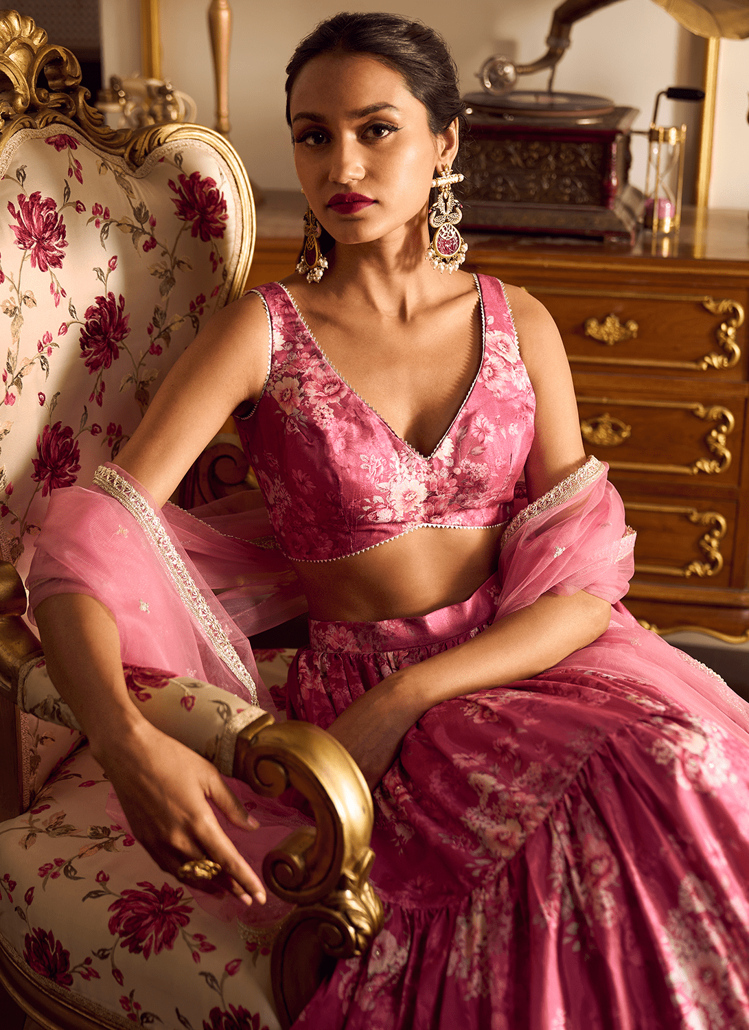 Dusty Pink Floral Lehenga - Lashkaraa