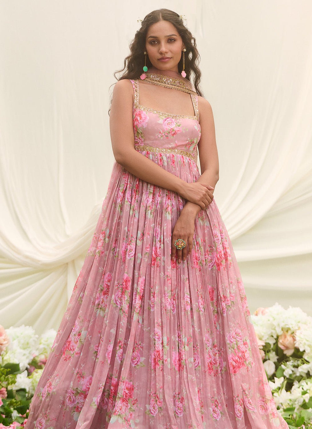Dusty Pink Multicolor Floral Printed Anarkali