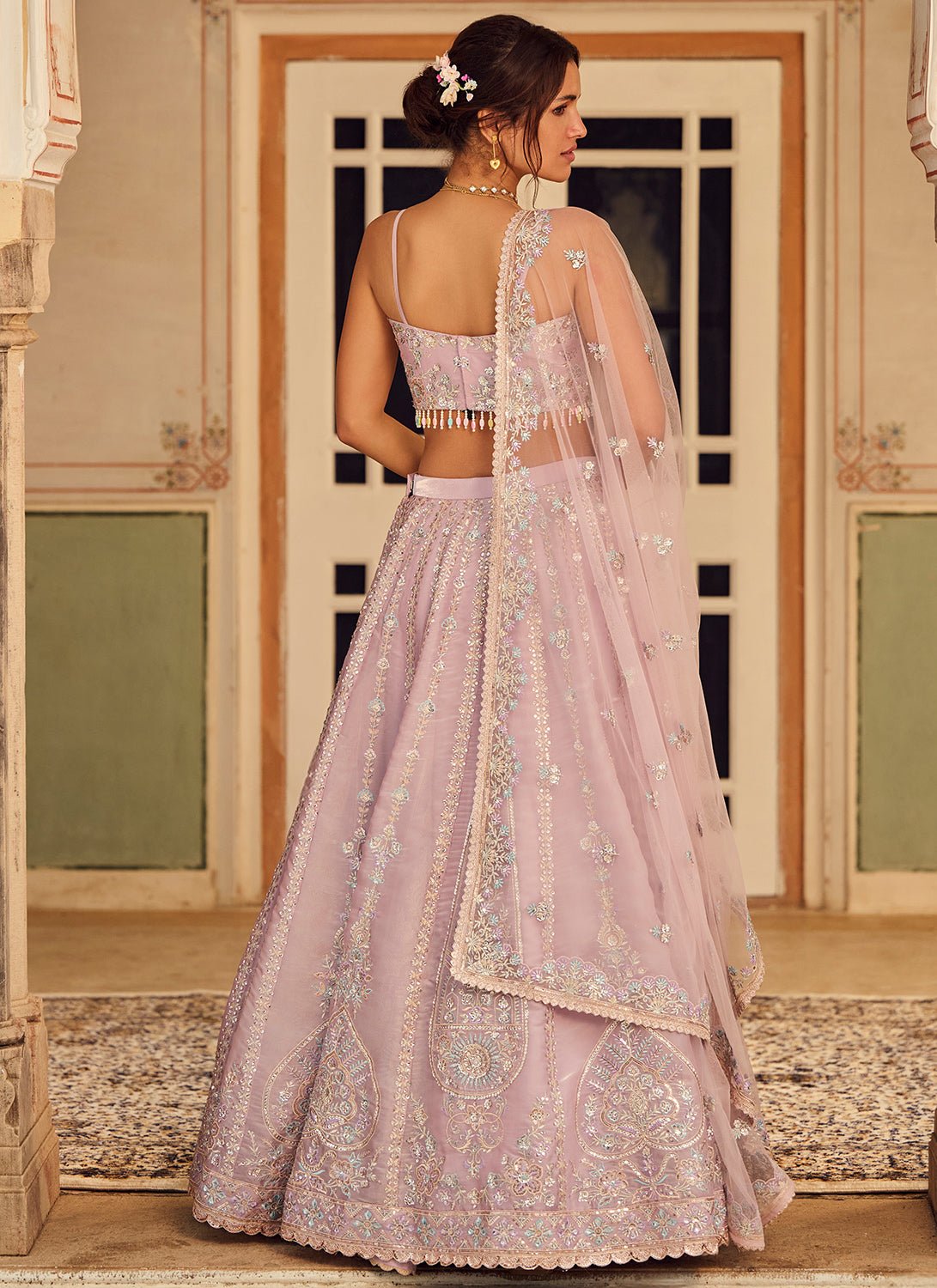 open lace back dress Bottle Green Mirror Work Lehenga Choli Set in Organza Tissue main image 0