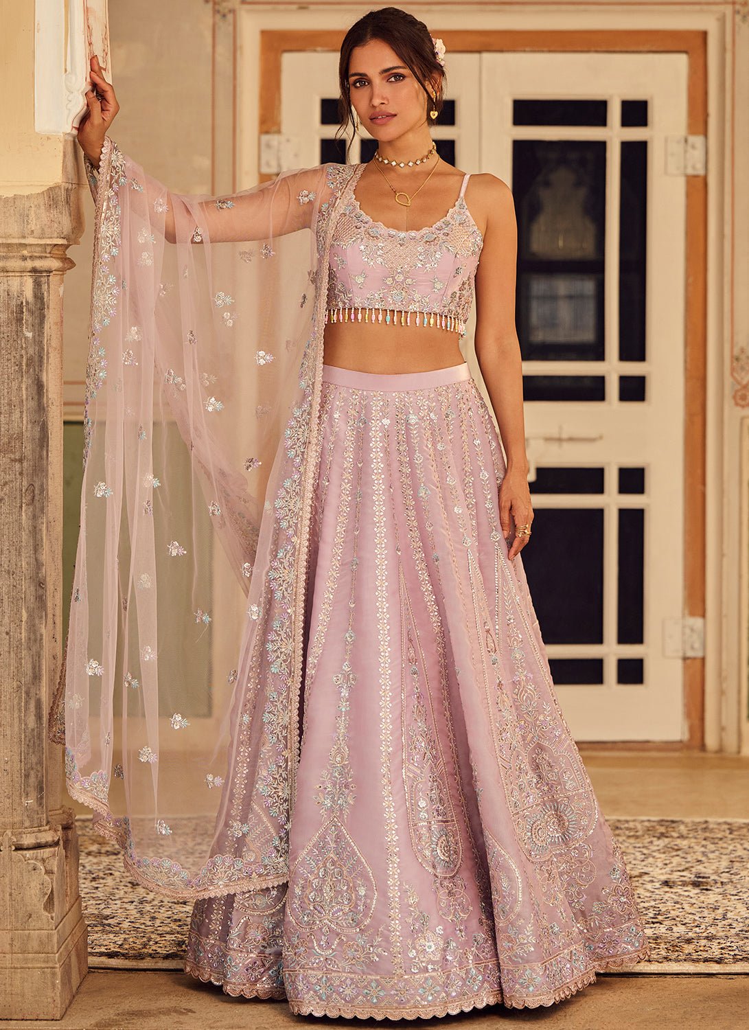 Dusty Purple Embroidered Organza Lehenga - Lashkaraa