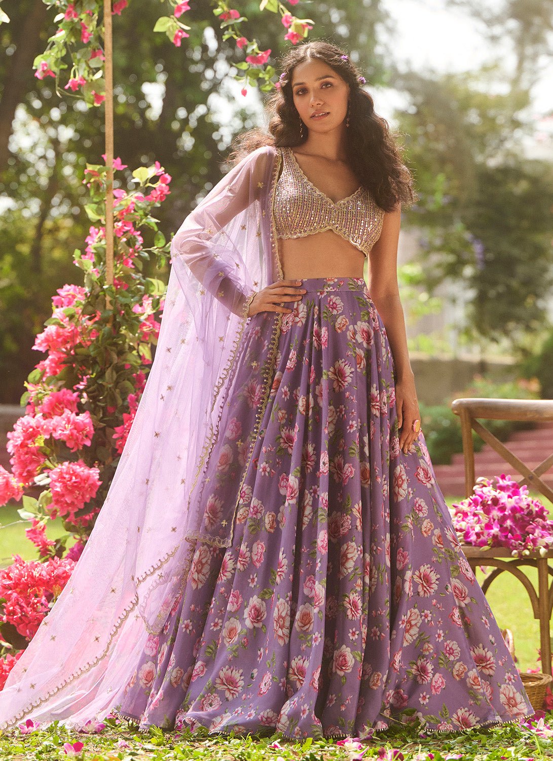 Dusty Purple Multicolor Floral Embroidered Lehenga - Lashkaraa