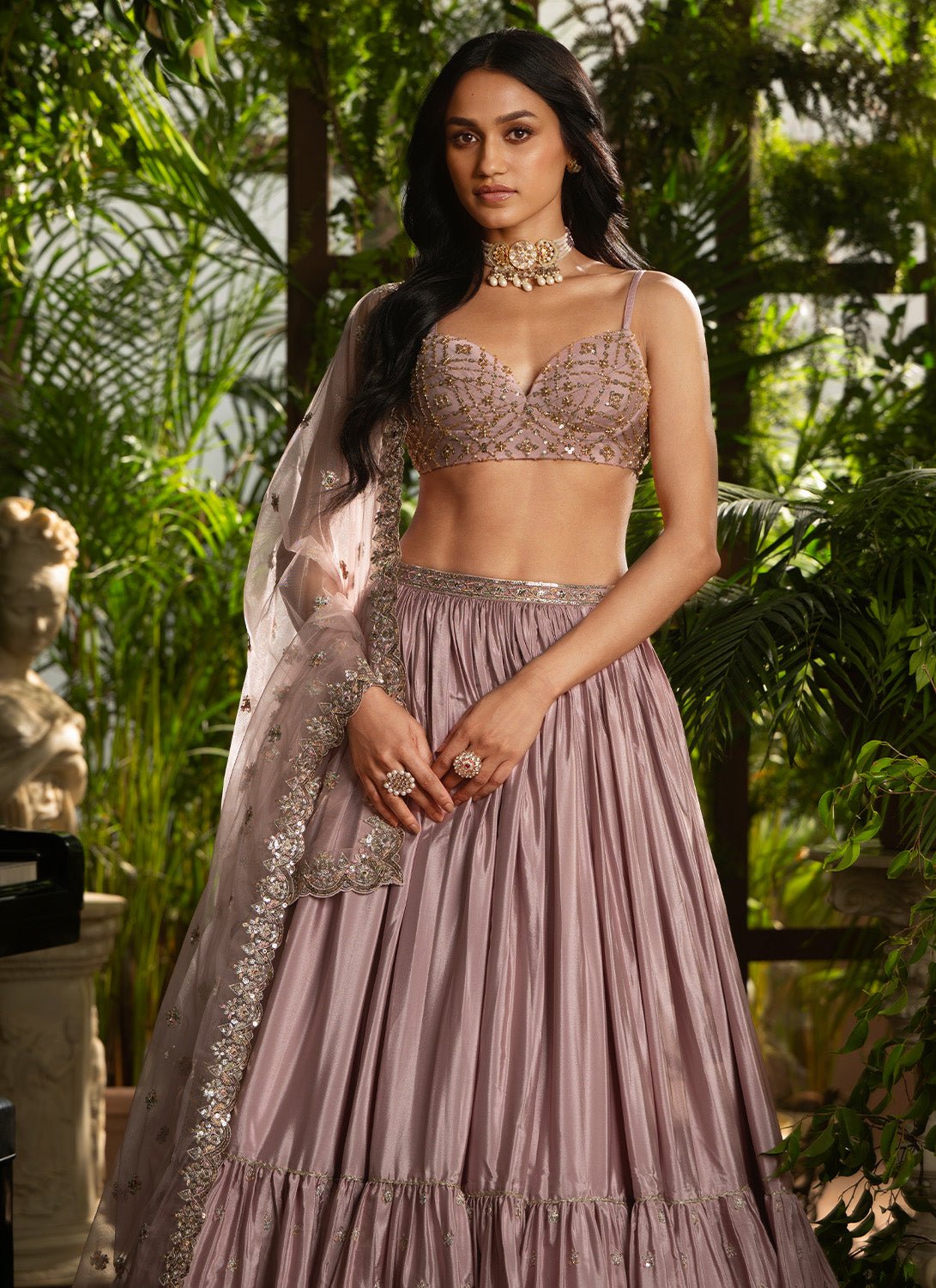 Dusty Rose Embroidered Crepe Silk Lehenga - Lashkaraa