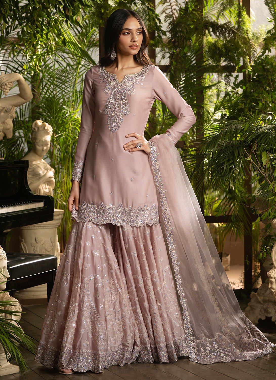 Dusty Rose Embroidered Georgette Gharara - Lashkaraa