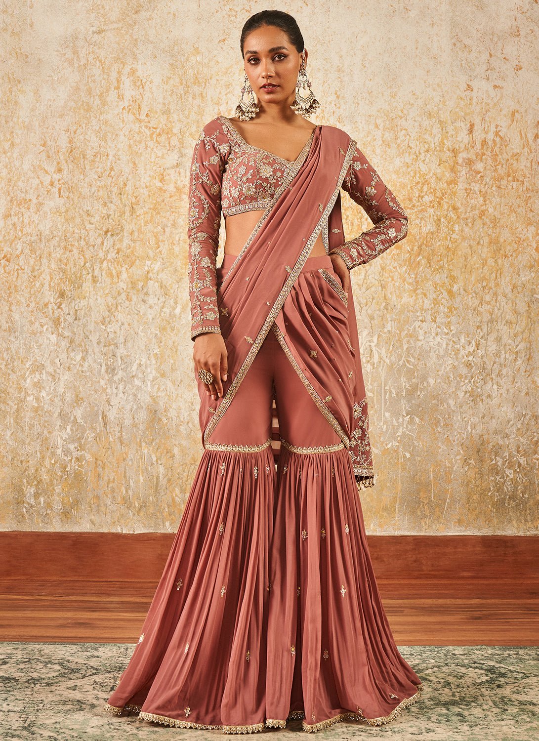 Dusty Rose Embroidered Gharara Style Saree - Lashkaraa