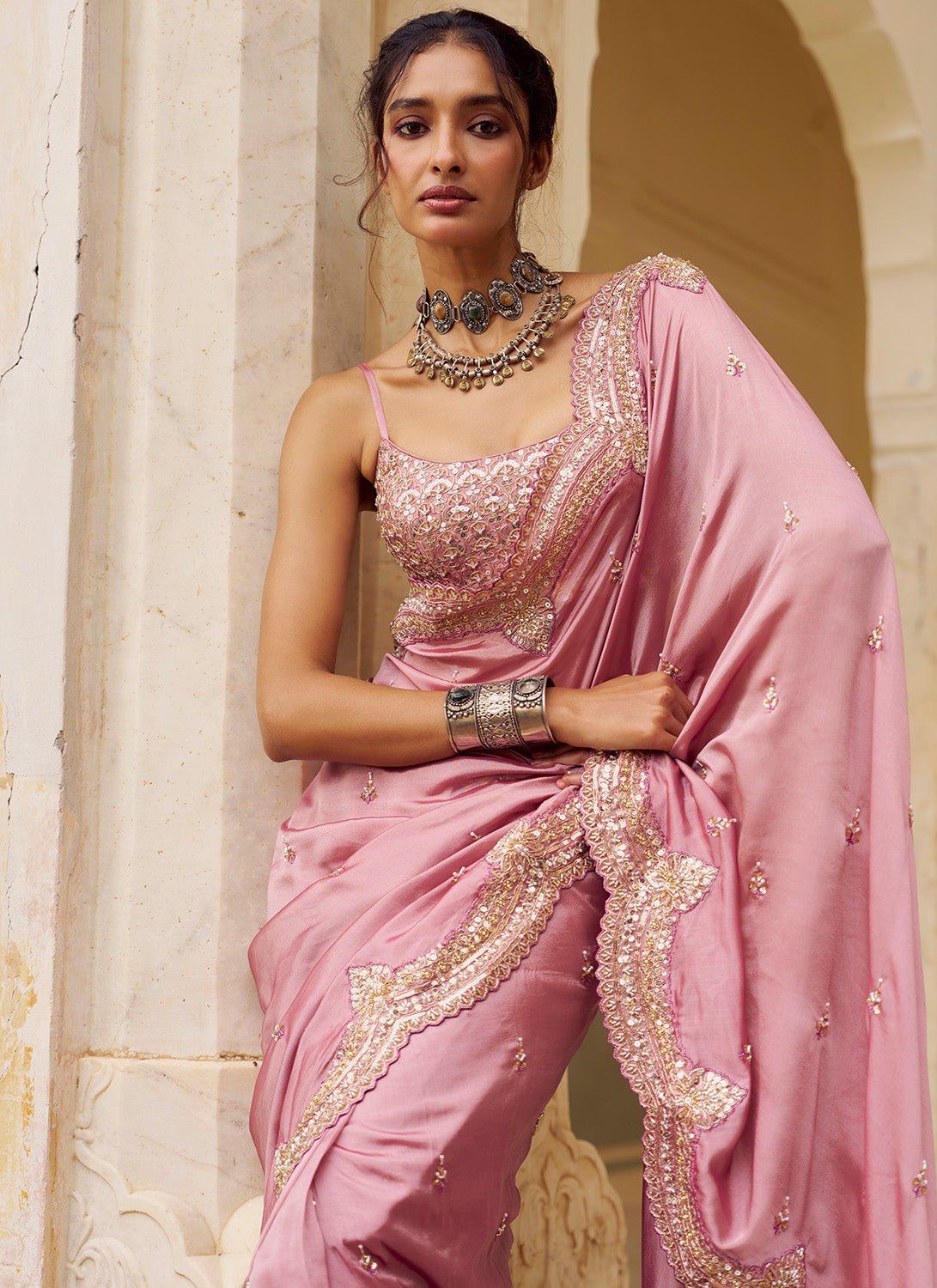 Dusty Rose Embroidered Satin Tissue Saree - Lashkaraa