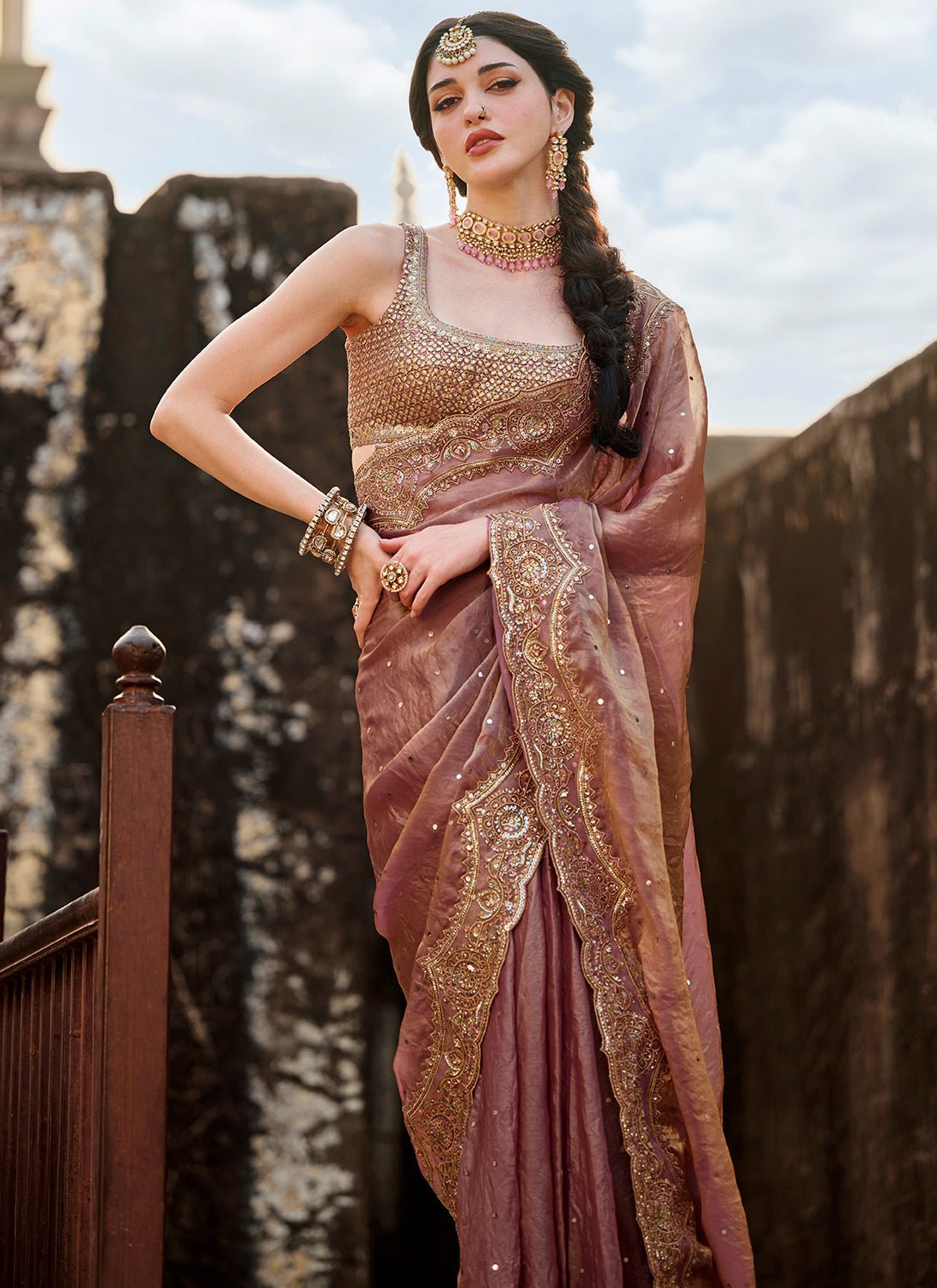 Dusty Rose Embroidered Tissue Silk Saree - Lashkaraa