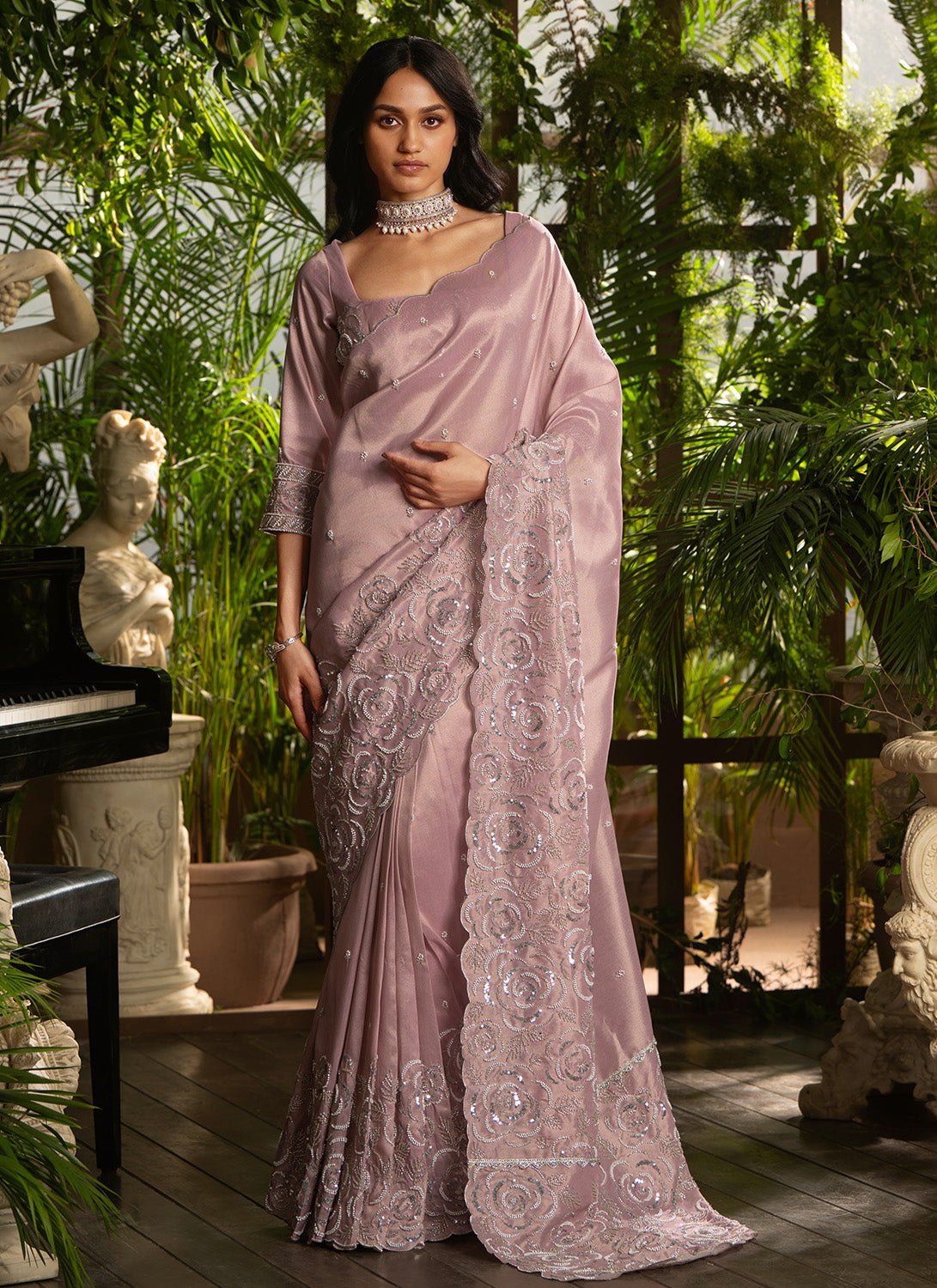 Dusty Rose Embroidered Tissue Silk Saree - Lashkaraa