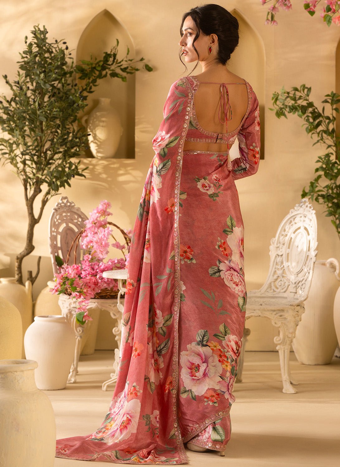 Dusty Rose Floral Embroidered Crepe Silk Saree - Lashkaraa