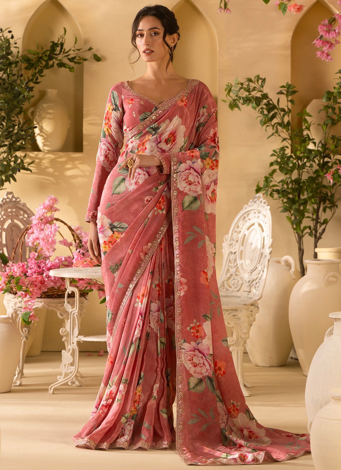 Dusty Rose Floral Embroidered Crepe Silk Saree - Lashkaraa