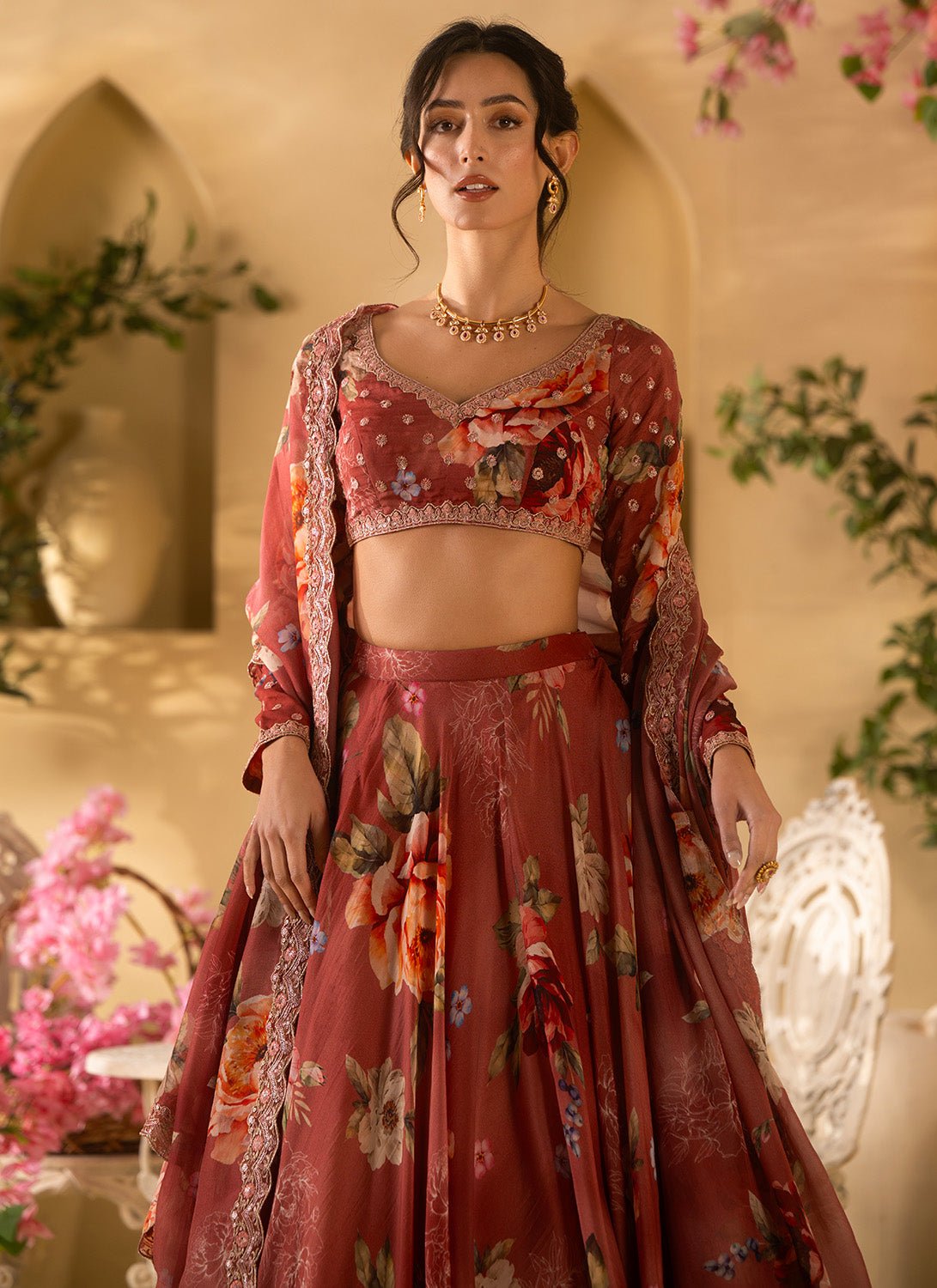 Dusty Rose Floral Embroidered Organza Lehenga - Lashkaraa