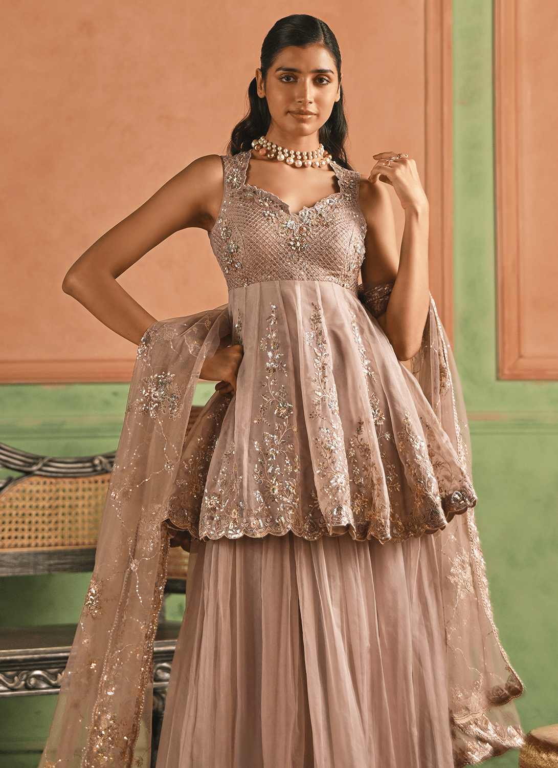 Dusty Rose Pink Embroidered Sharara - Lashkaraa