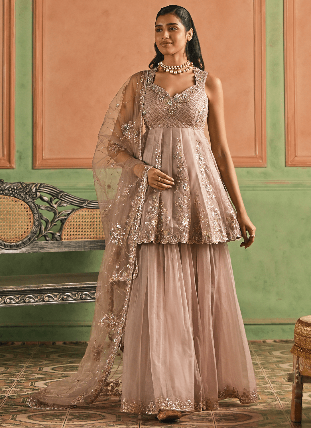 Dusty Rose Pink Embroidered Sharara - Lashkaraa