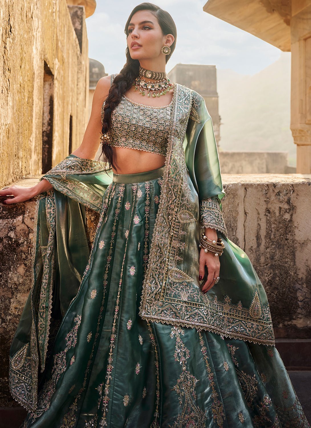 Dusty Teal Embroidered Organza Lehenga - Lashkaraa