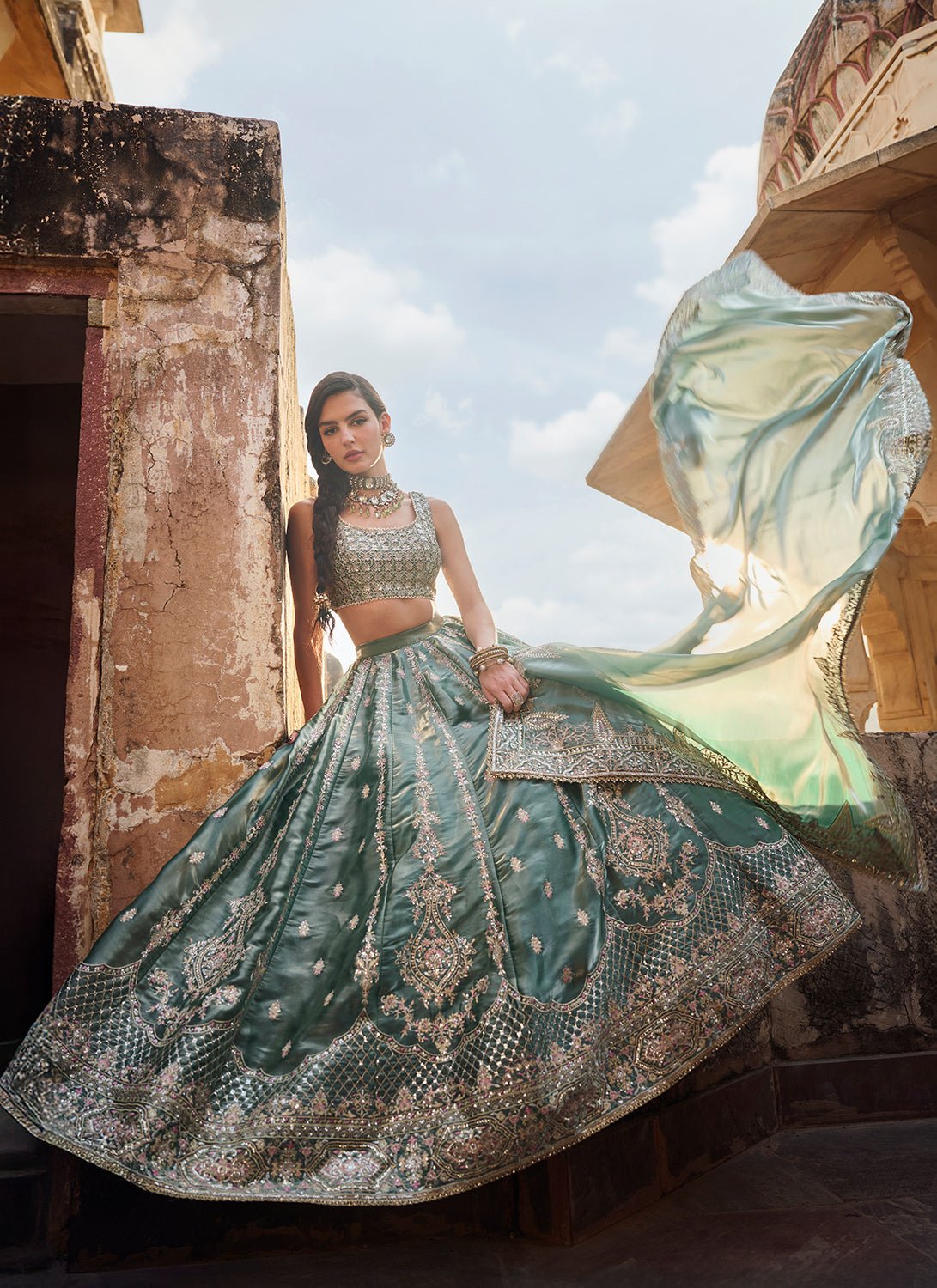 Dusty Teal Embroidered Organza Lehenga - Lashkaraa
