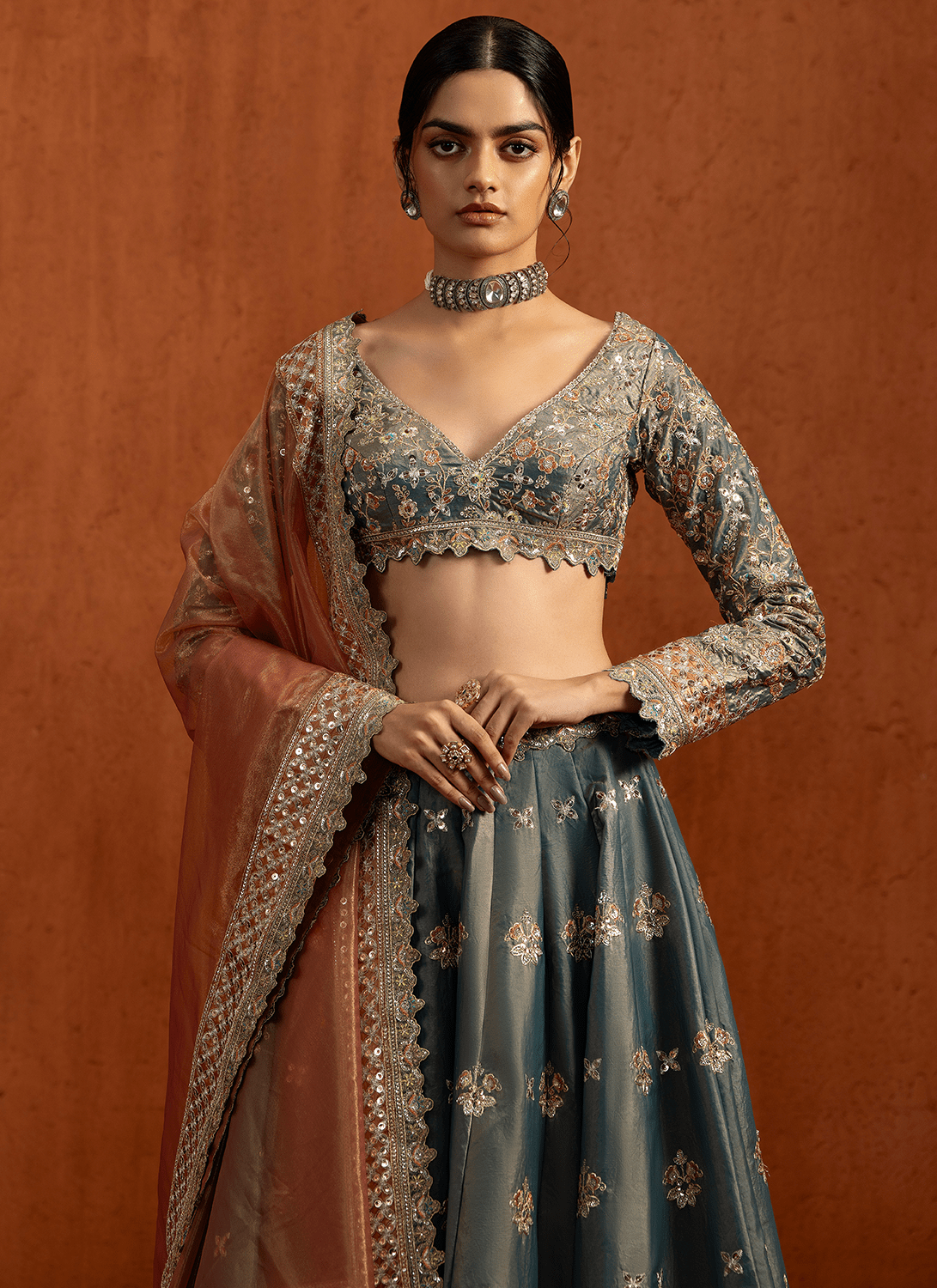 Dusty Teal Embroidered Silk Lehenga - Lashkaraa