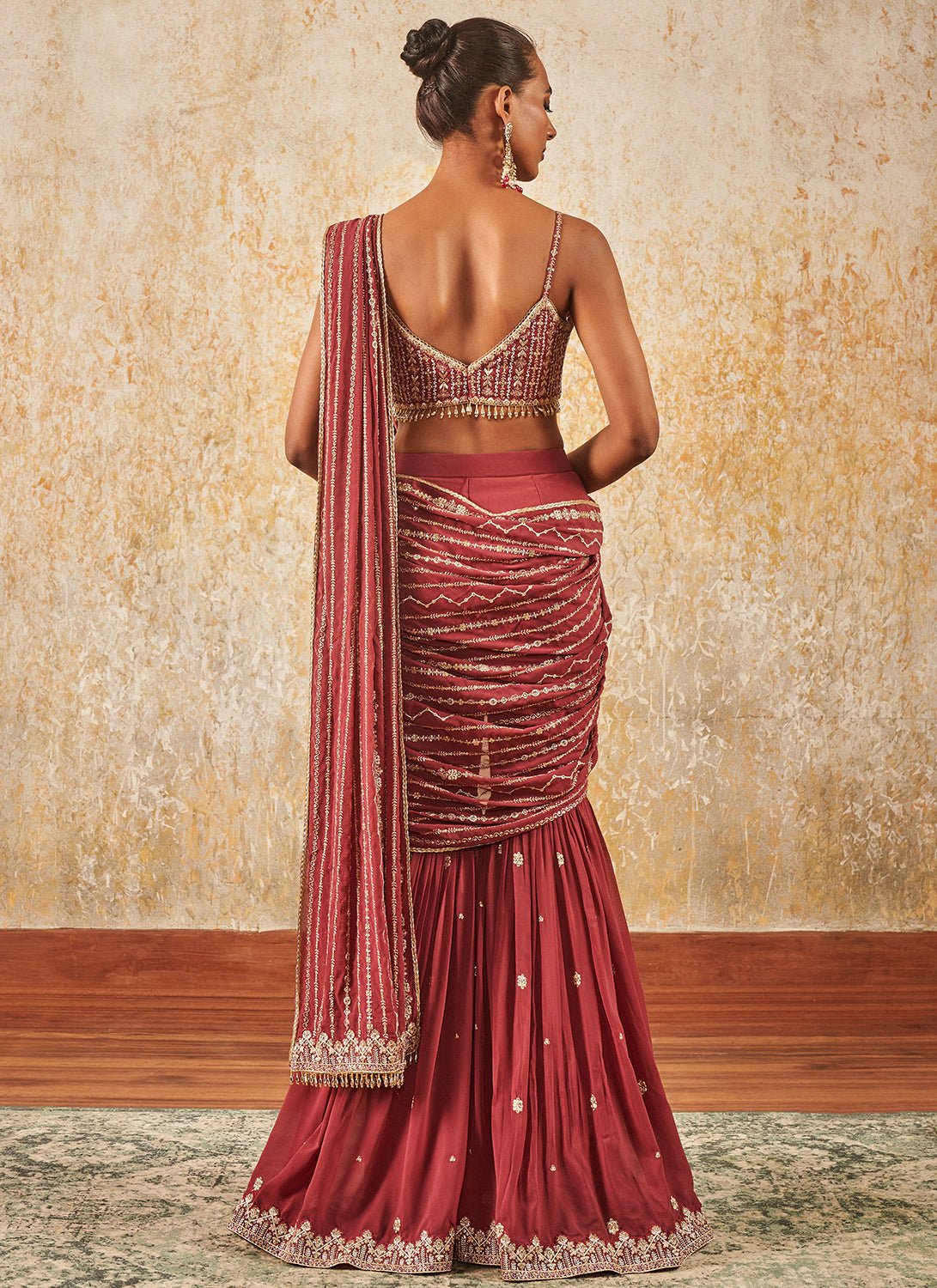 Dusty Wine Embroidered Gharara Style Saree - Lashkaraa