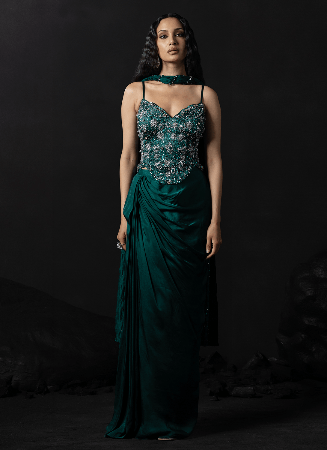 Emerald Green Embroidered Satin Anarkali Gown - Lashkaraa