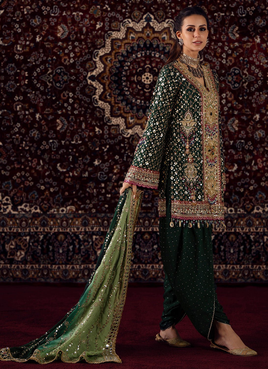 Emerald Green Embroidered Silk Punjabi Suit - Lashkaraa