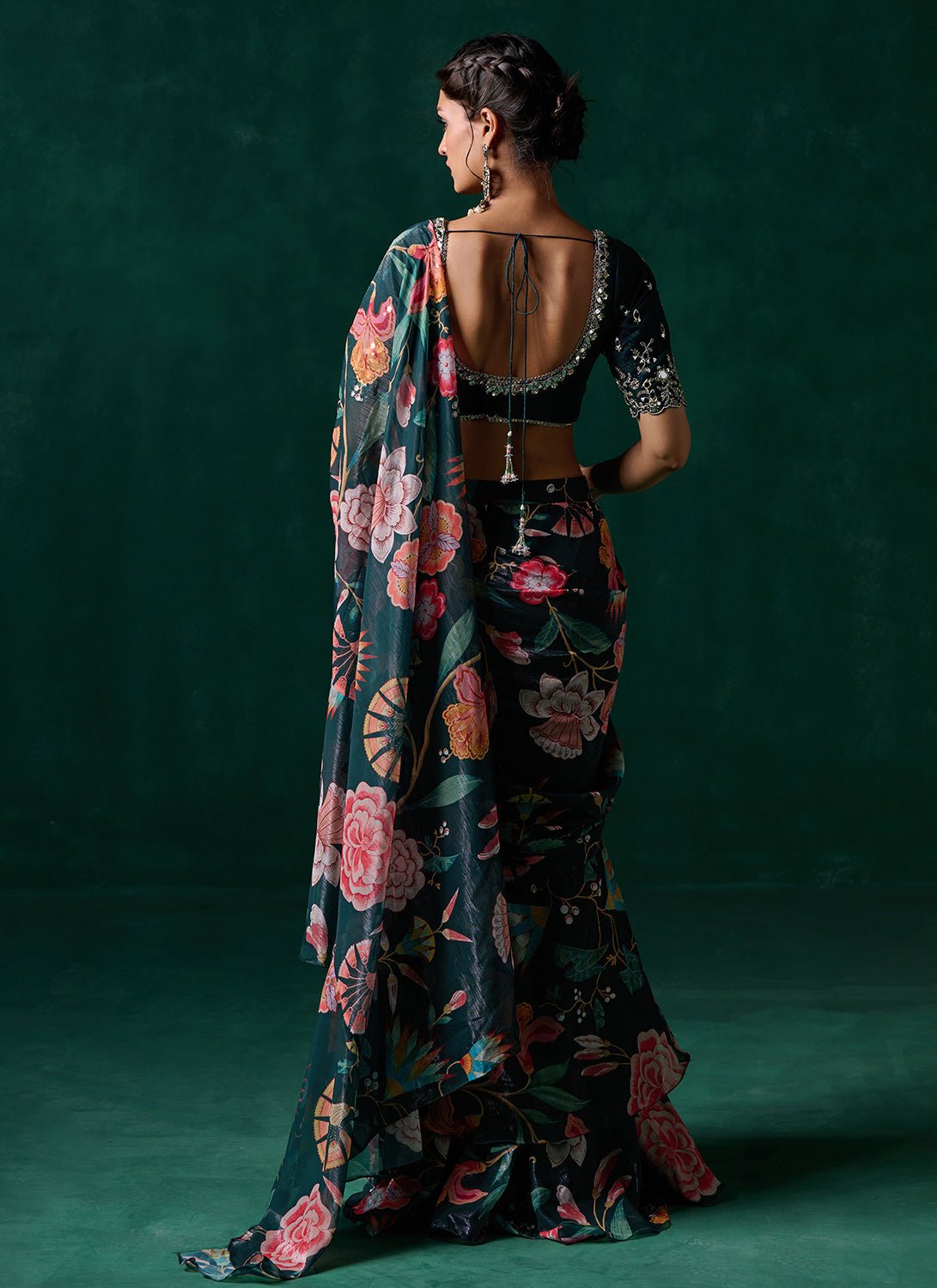 Emerald Green Multicolor Floral Printed Saree - Lashkaraa