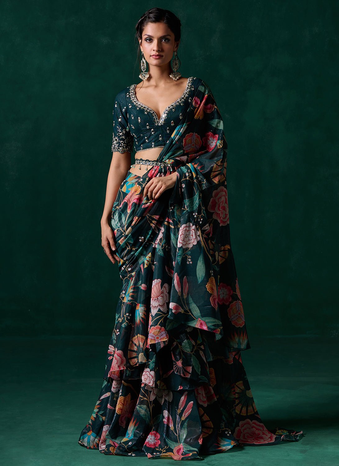 Emerald Green Multicolor Floral Printed Saree - Lashkaraa