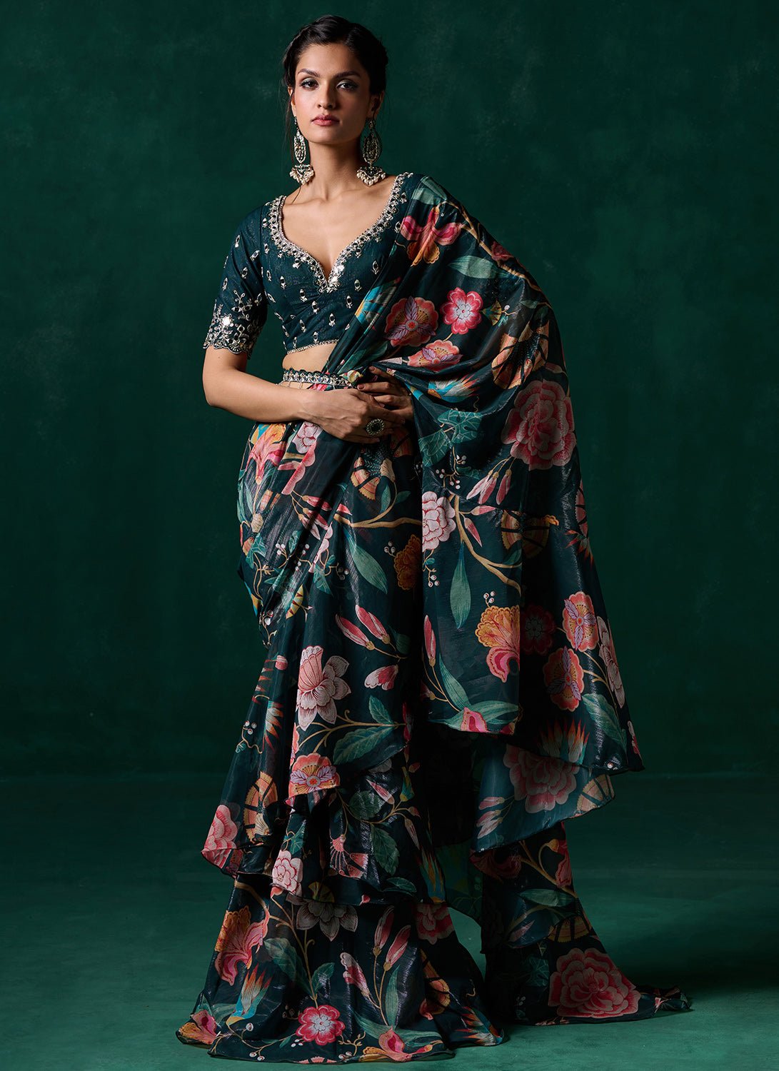 Emerald Green Multicolor Floral Printed Saree - Lashkaraa