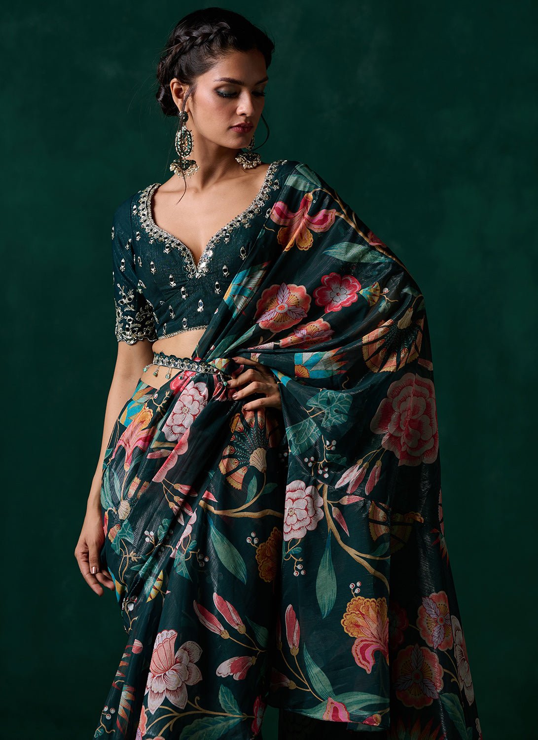 Emerald Green Multicolor Floral Printed Saree - Lashkaraa