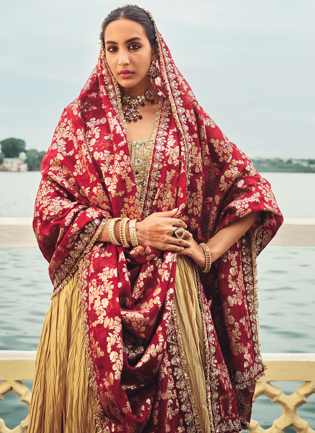 Gold and Maroon Embroidered Chinon Lehenga - Lashkaraa