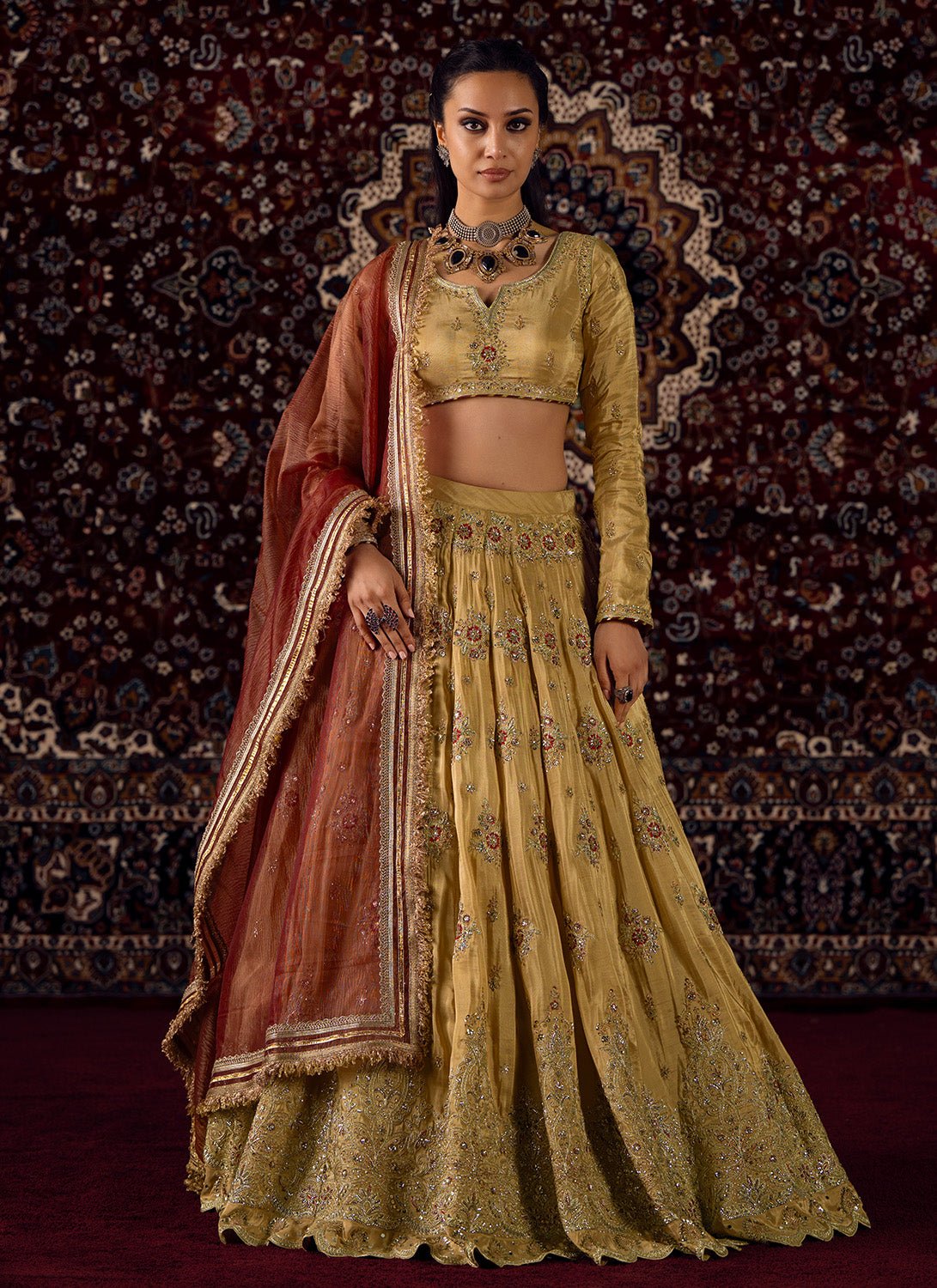 Gold and Maroon Embroidered Viscose Silk Lehenga - Lashkaraa