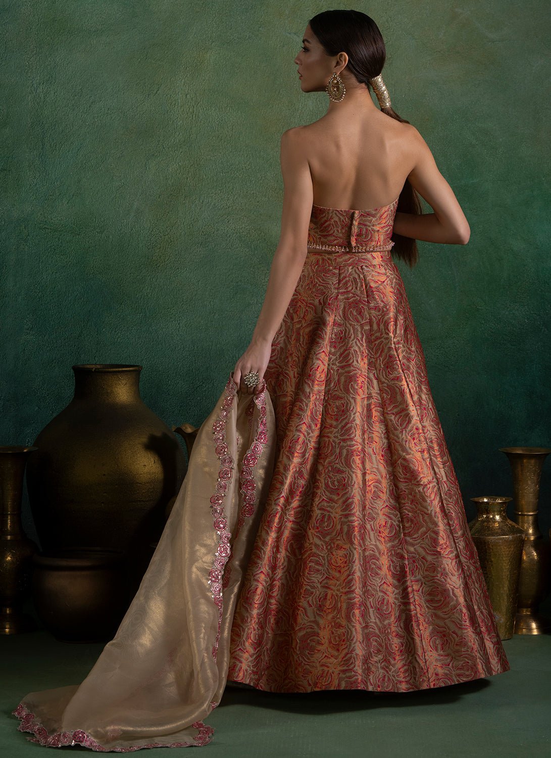 Gold and Pink Embroidered Brocade Lehenga - Lashkaraa