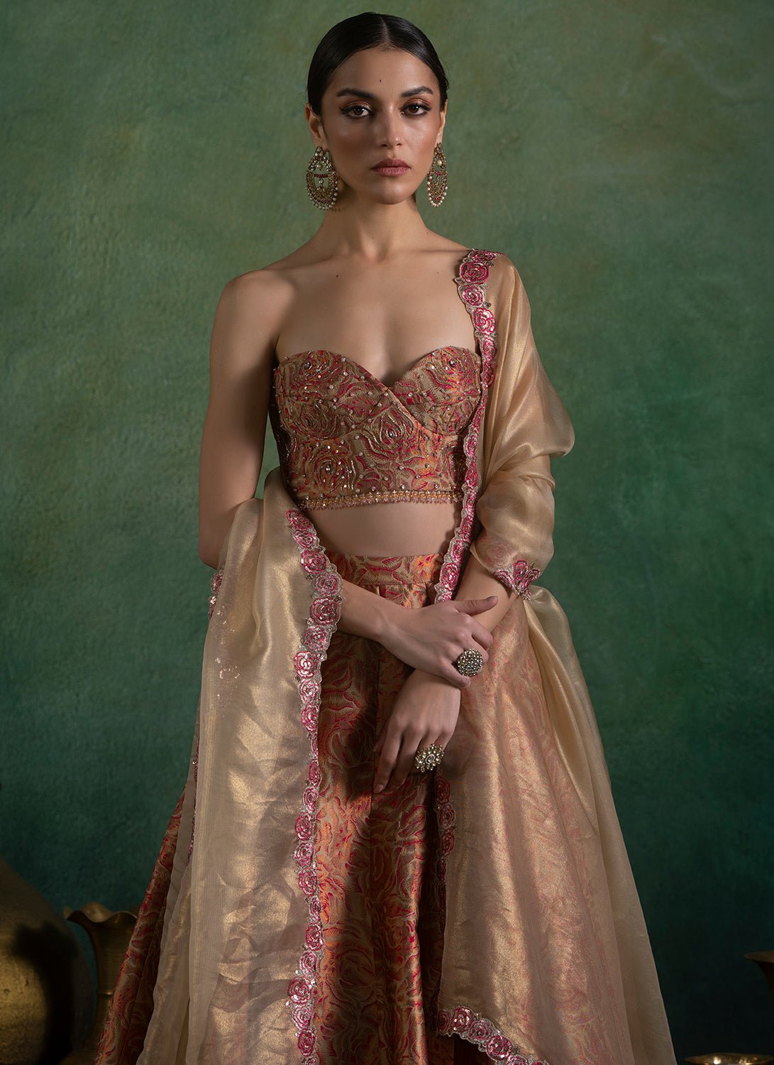 Gold and Pink Embroidered Brocade Lehenga - Lashkaraa