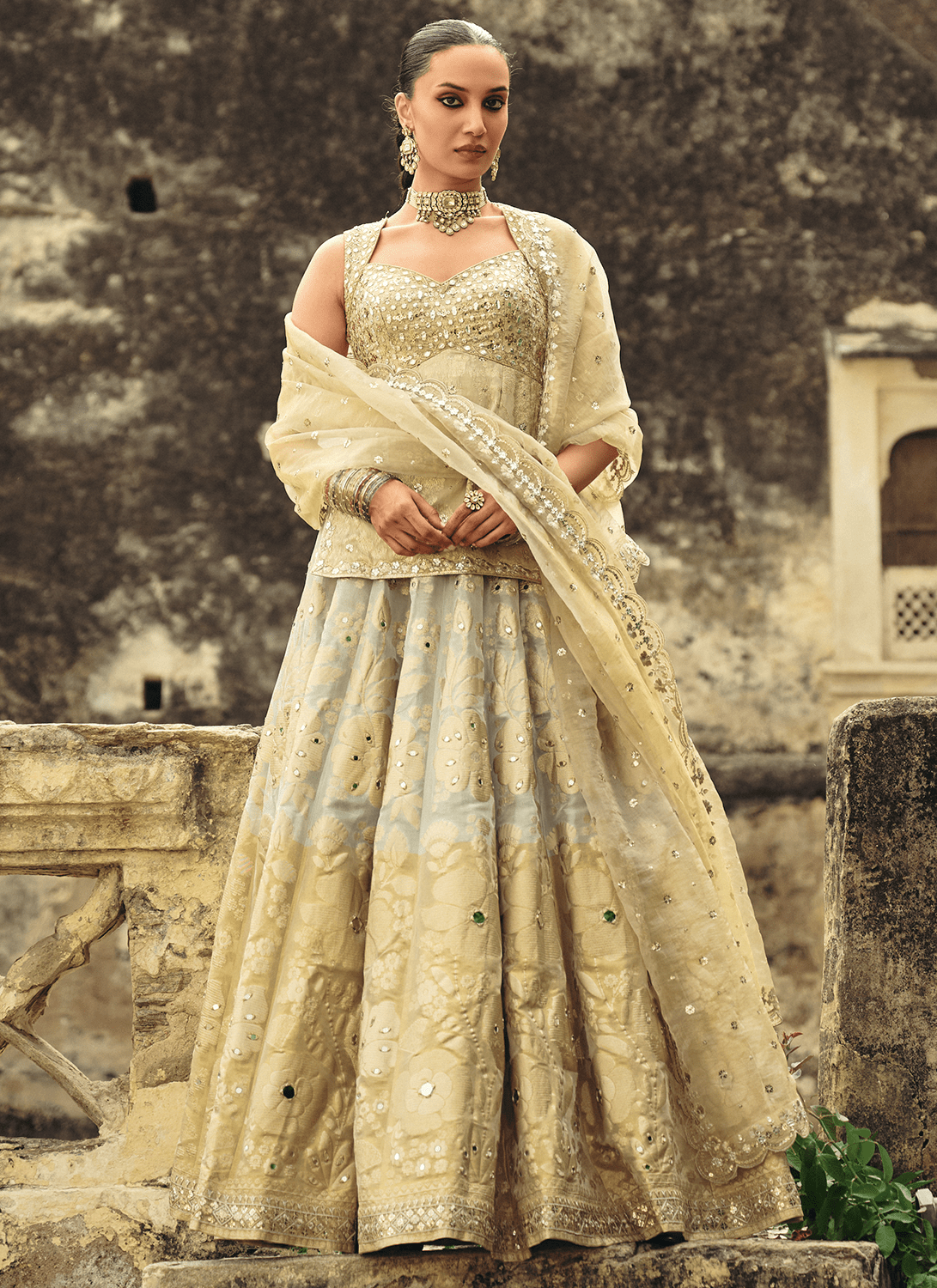 Gold Embroidered Brocade Tissue Lehenga - Lashkaraa