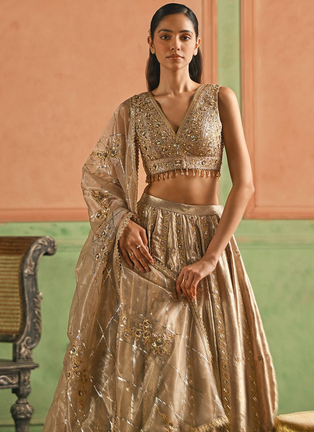 Gold Embroidered Foil Silk Lehenga - Lashkaraa