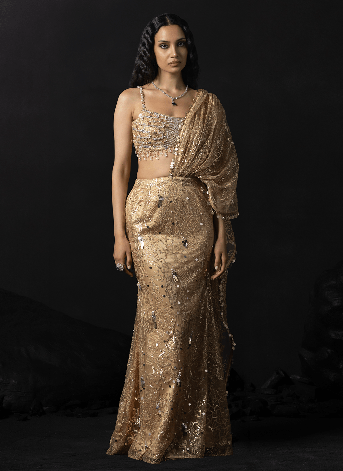 Gold Embroidered Net Saree - Lashkaraa
