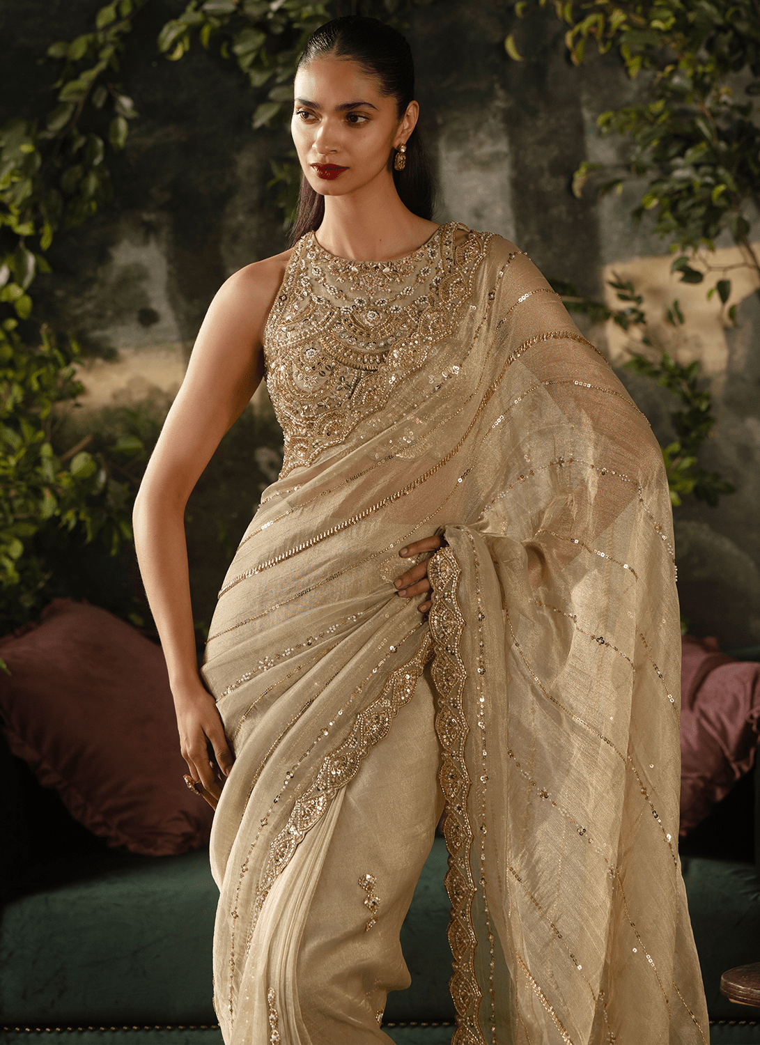 Gold Embroidered Tissue Saree - Lashkaraa